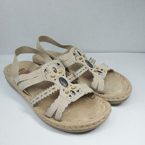 Earth Spirit Gelron Size 8 Tan Leather Boho Beaded Embellished Slingback Sandals